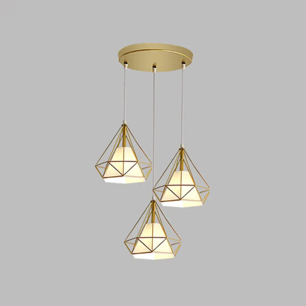 Diamond Cage Industrial Ceiling Light With 3 Multi Pendants And Hanging Cord For Hallway Gold /