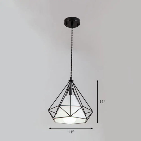 Diamond Cage Iron Pendant Light For Dining Room - Vintage Hanging Fixture Black / White