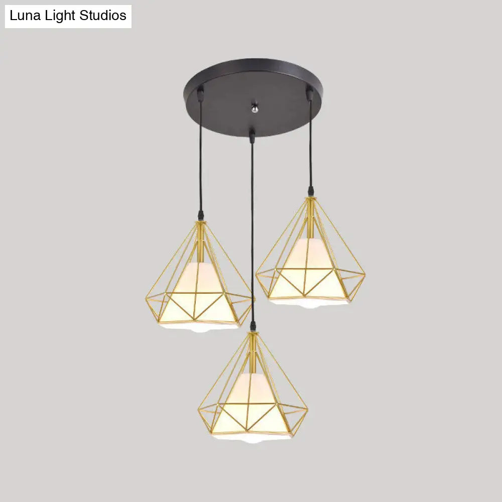 Diamond Cage Multi Pendant Light With 3 Lights Creative Industrial Metal Multi-Light For Restaurants