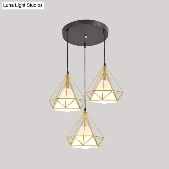 Diamond Cage Multi Pendant Light With 3 Lights Creative Industrial Metal Multi-Light For Restaurants