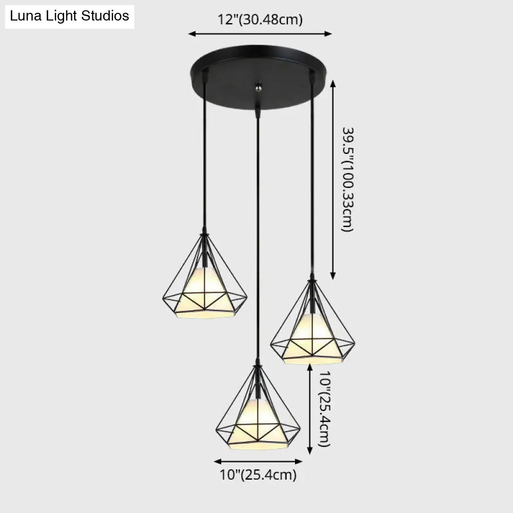 Diamond Cage Multi-Pendant Light With 3 Lights - Creative Industrial Design Perfect For Restaurants