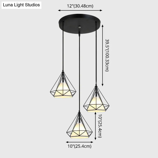 Diamond Cage Multi-Pendant Light With 3 Lights - Creative Industrial Design Perfect For Restaurants