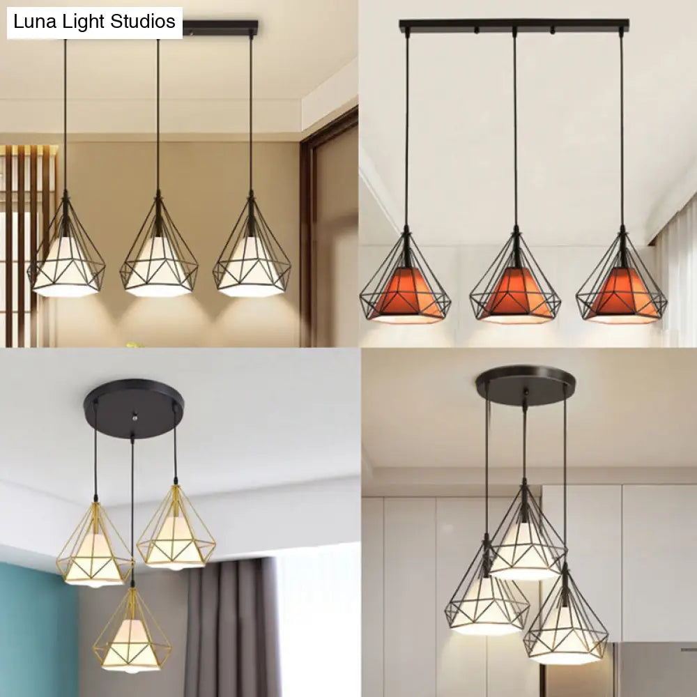 Diamond Cage Multi Pendant Light With 3 Lights Creative Industrial Metal Multi-Light For Restaurants