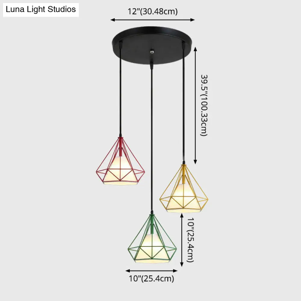 Diamond Cage Multi-Pendant Light With 3 Lights - Creative Industrial Design Perfect For Restaurants