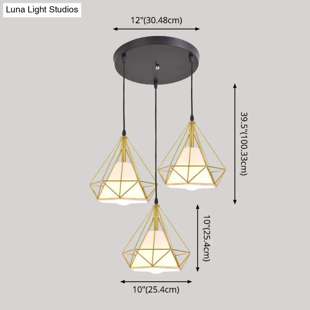 Diamond Cage Multi Pendant Light With 3 Lights Creative Industrial Metal Multi-Light For Restaurants