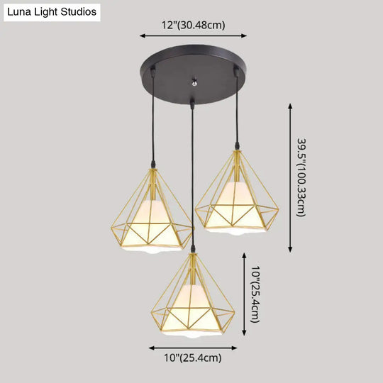 Diamond Cage Multi Pendant Light With 3 Lights Creative Industrial Metal Multi-Light For Restaurants