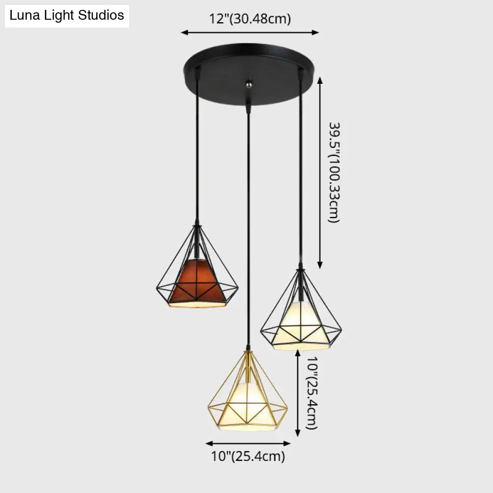 Diamond Cage Multi Pendant Light With 3 Lights Creative Industrial Metal Multi-Light For Restaurants