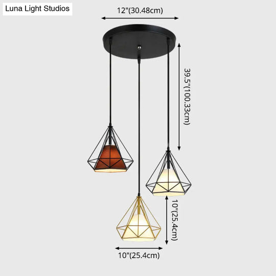 Diamond Cage Multi Pendant Light With 3 Lights Creative Industrial Metal Multi-Light For Restaurants