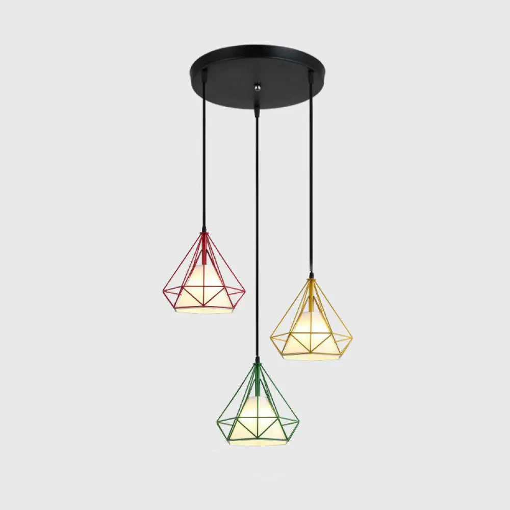 Diamond Cage Multi-Pendant Light With 3 Lights - Creative Industrial Design Perfect For Restaurants