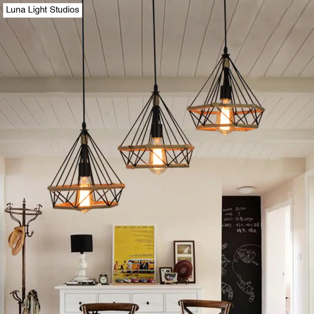 Diamond Cage Pendant Lamp - Industrial Stylish 3 Lights Metal And Rope Black