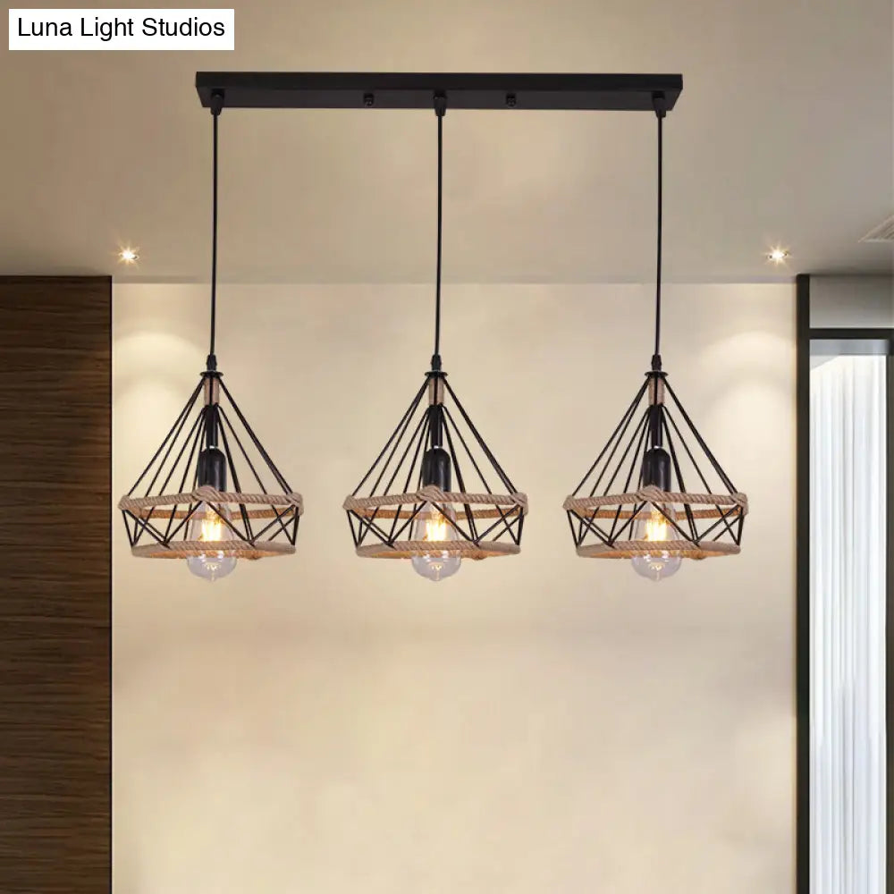 Diamond Cage Pendant Lamp - Industrial Stylish 3 Lights Metal And Rope Black