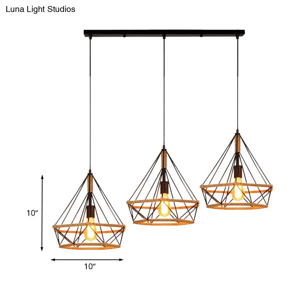 Stylish Diamond Cage Pendant Lamp - 3-Light Metal And Rope Hanging Fixture With Black Round/Linear