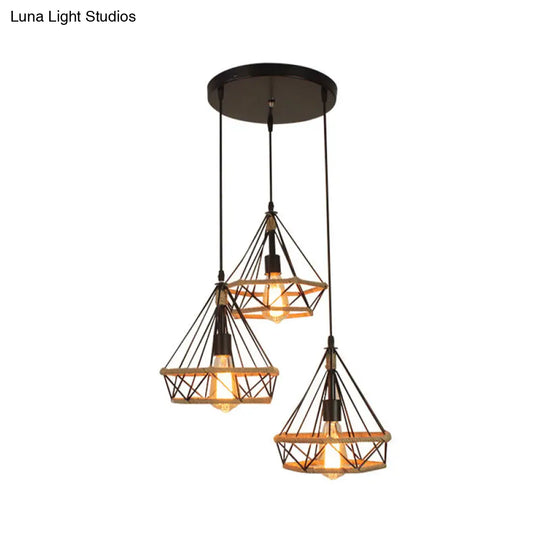 Diamond Cage Pendant Lamp - Industrial Stylish 3 Lights Metal And Rope Black