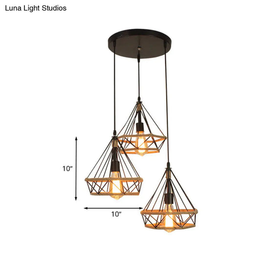 Stylish Diamond Cage Pendant Lamp - 3-Light Metal And Rope Hanging Fixture With Black Round/Linear