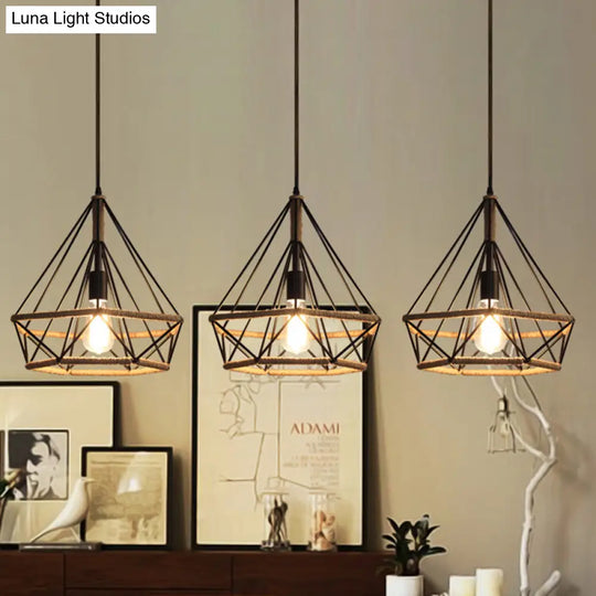 Diamond Cage Pendant Lamp - Industrial Stylish 3 Lights Metal And Rope Black