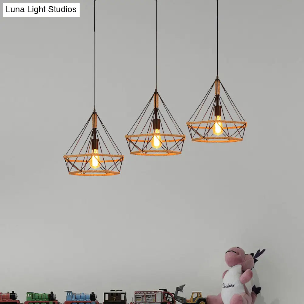 Stylish Diamond Cage Pendant Lamp - 3-Light Metal And Rope Hanging Fixture With Black Round/Linear