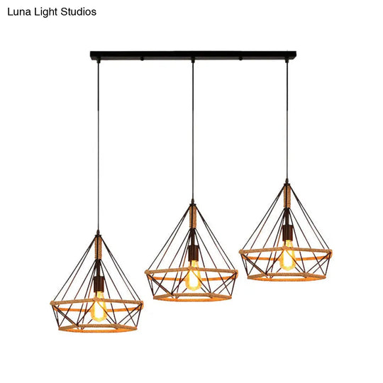 Stylish Diamond Cage Pendant Lamp - 3-Light Metal And Rope Hanging Fixture With Black Round/Linear