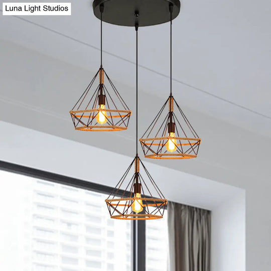 Stylish Diamond Cage Pendant Lamp - 3-Light Metal And Rope Hanging Fixture With Black Round/Linear