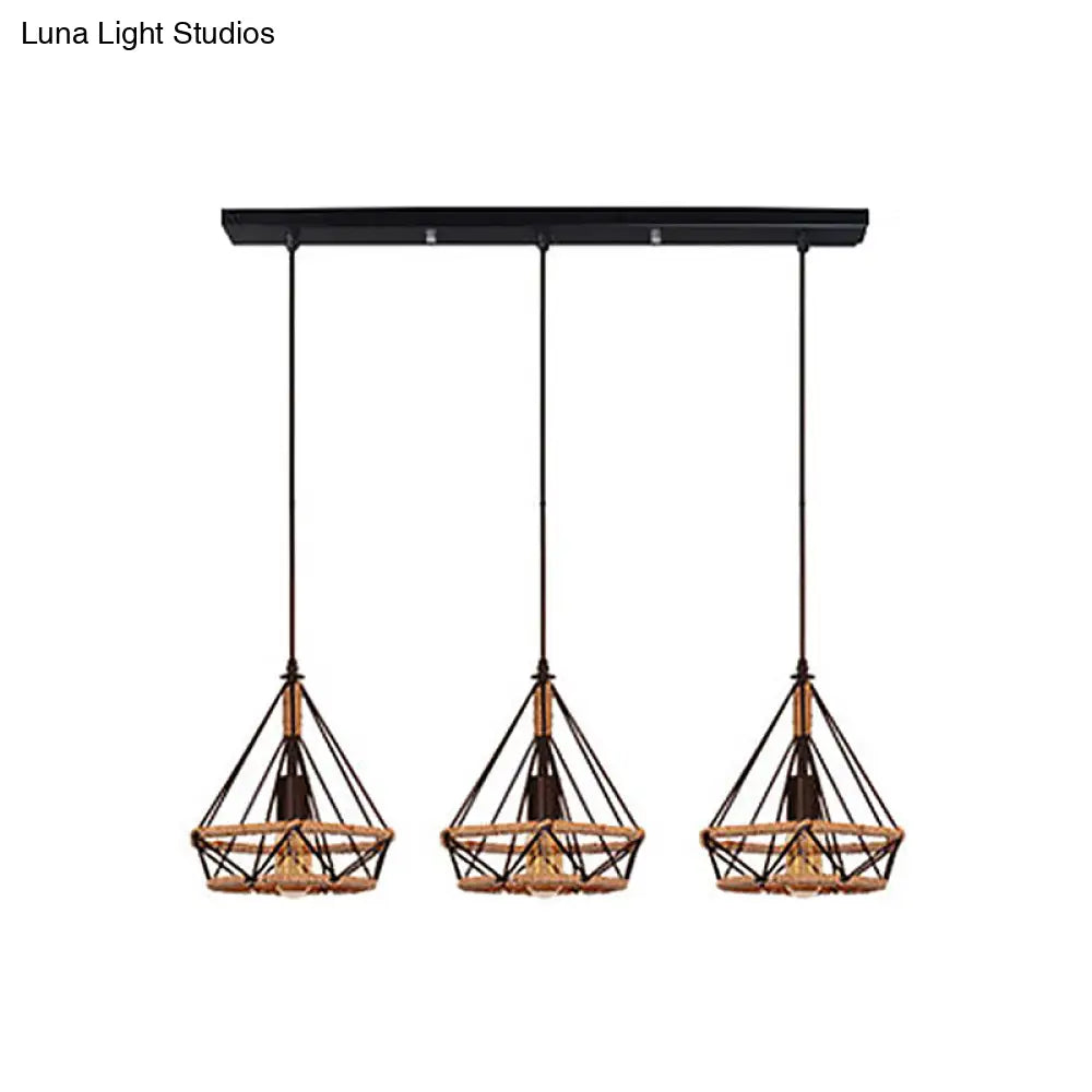 Diamond Cage Pendant Lamp - Industrial Stylish 3 Lights Metal And Rope Black