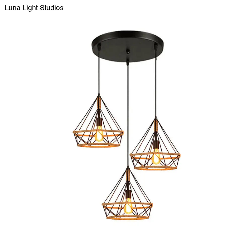 Stylish Diamond Cage Pendant Lamp - 3-Light Metal And Rope Hanging Fixture With Black Round/Linear