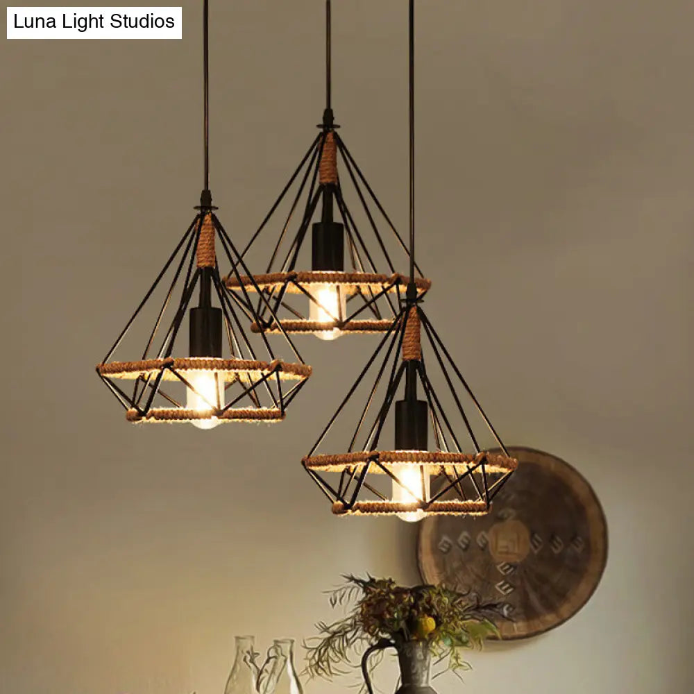 Stylish Diamond Cage Pendant Lamp - 3-Light Metal And Rope Hanging Fixture With Black Round/Linear