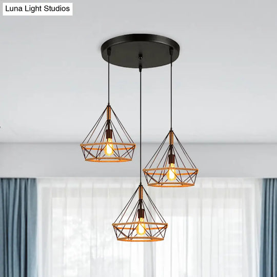 Diamond Cage Pendant Lamp - Industrial Stylish 3 Lights Metal And Rope Black