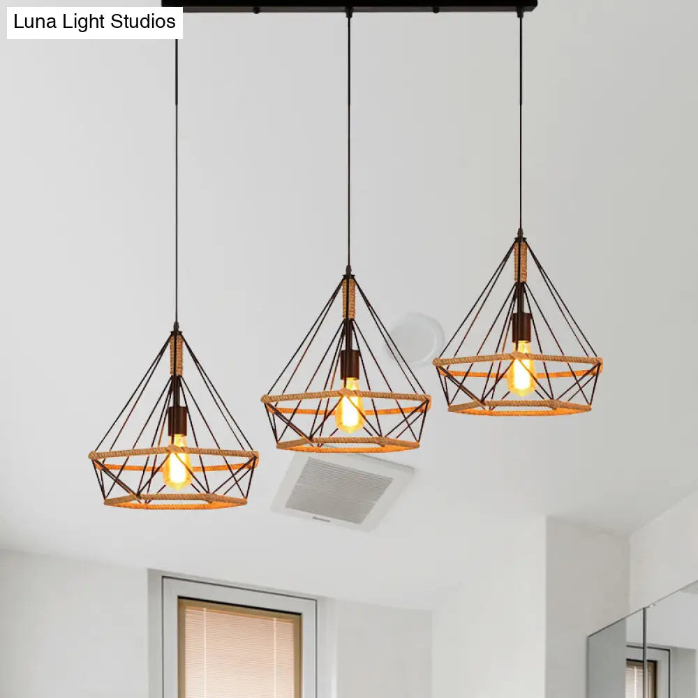 Stylish Diamond Cage Pendant Lamp - 3-Light Metal And Rope Hanging Fixture With Black Round/Linear