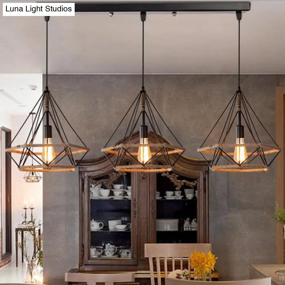 Stylish Diamond Cage Pendant Lamp - 3-Light Metal And Rope Hanging Fixture With Black Round/Linear