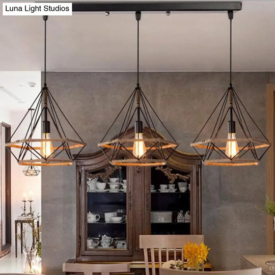 Stylish Diamond Cage Pendant Lamp - 3-Light Metal And Rope Hanging Fixture With Black Round/Linear