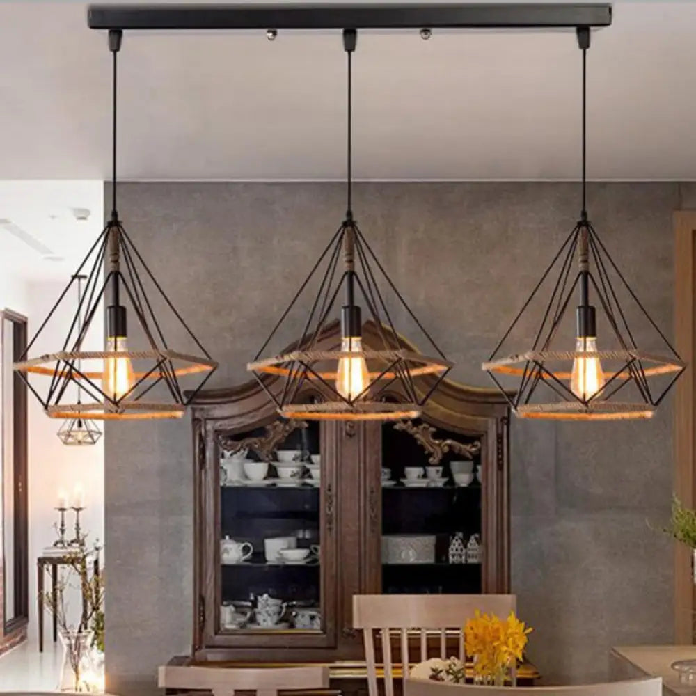 Diamond Cage Pendant Lamp - Industrial Stylish 3 Lights Metal And Rope Black / A Linear
