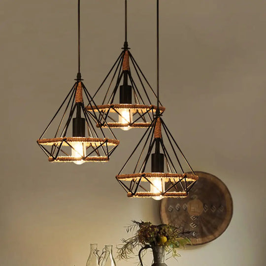 Diamond Cage Pendant Lamp - Industrial Stylish 3 Lights Metal And Rope Black / A Round