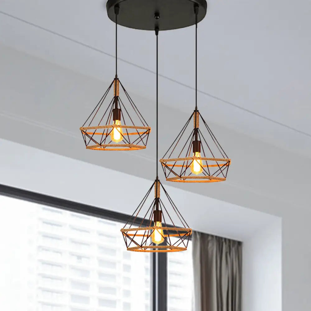 Diamond Cage Pendant Lamp - Industrial Stylish 3 Lights Metal And Rope Black / B Round