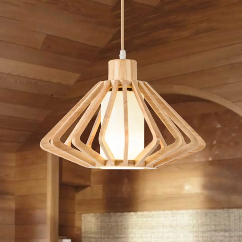 Diamond Cage Pendant Light Asian Wood 1 Head 14/18 Wide Beige Ceiling Lamp With Inner Pillar Shade /