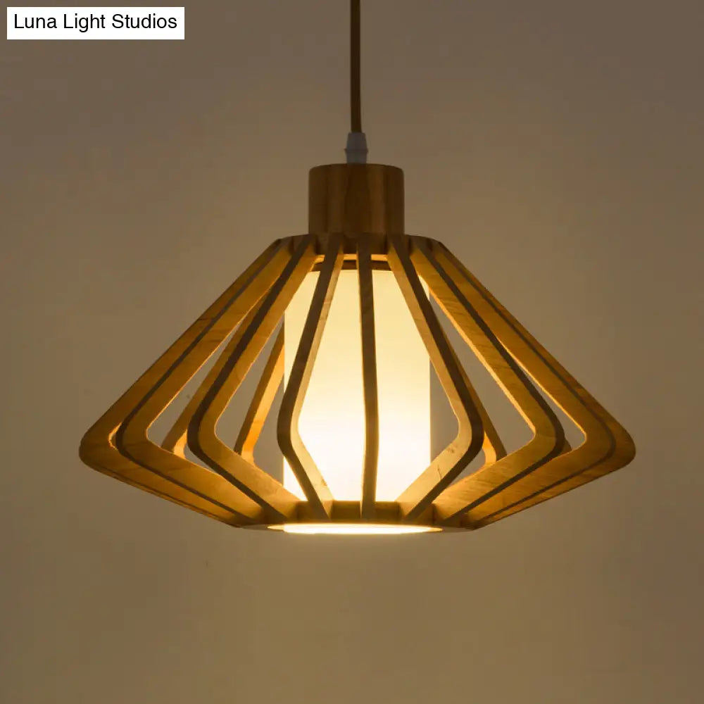 Diamond Cage Pendant Light Asian Wood 1 Head 14/18 Wide Beige Ceiling Lamp With Inner Pillar Shade