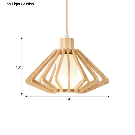 Diamond Cage Pendant Light Asian Wood 1 Head 14/18 Wide Beige Ceiling Lamp With Inner Pillar Shade