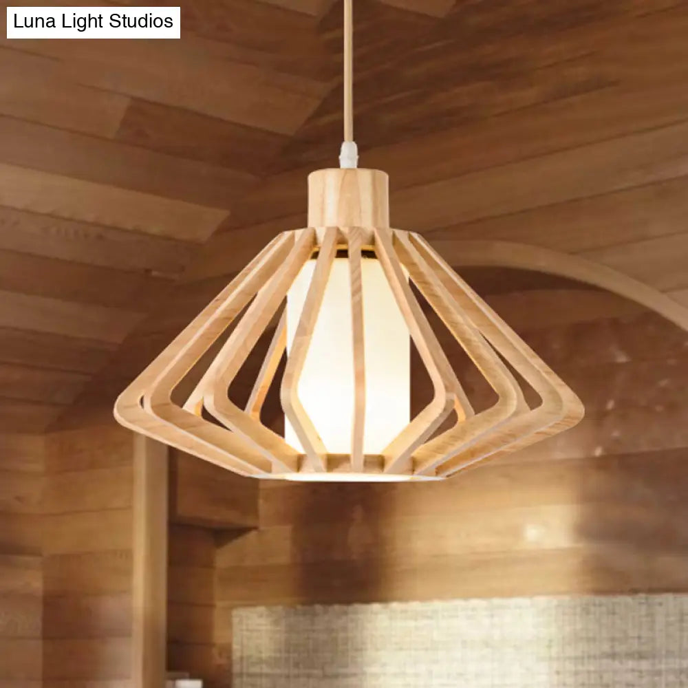 Diamond Cage Pendant Light Asian Wood 1 Head 14/18 Wide Beige Ceiling Lamp With Inner Pillar Shade