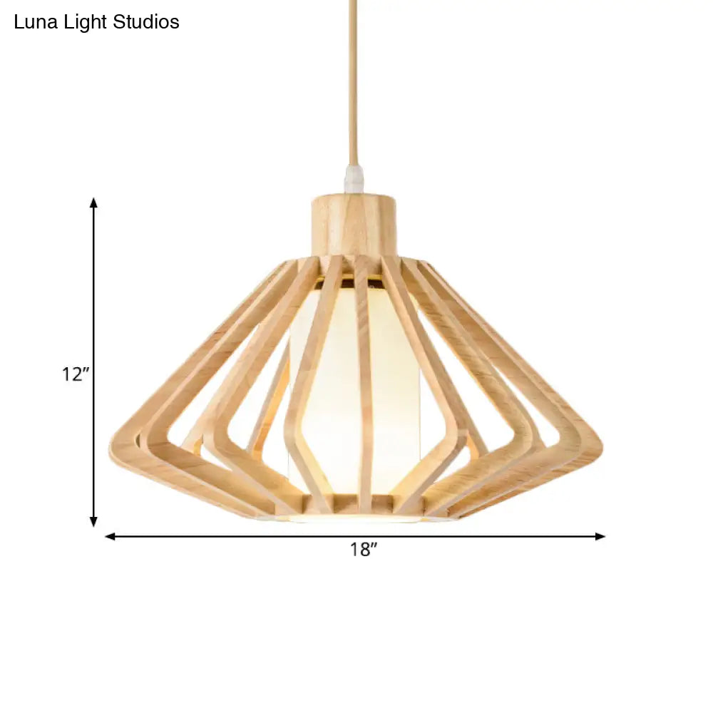 Diamond Cage Pendant Light Asian Wood 1 Head 14/18 Wide Beige Ceiling Lamp With Inner Pillar Shade