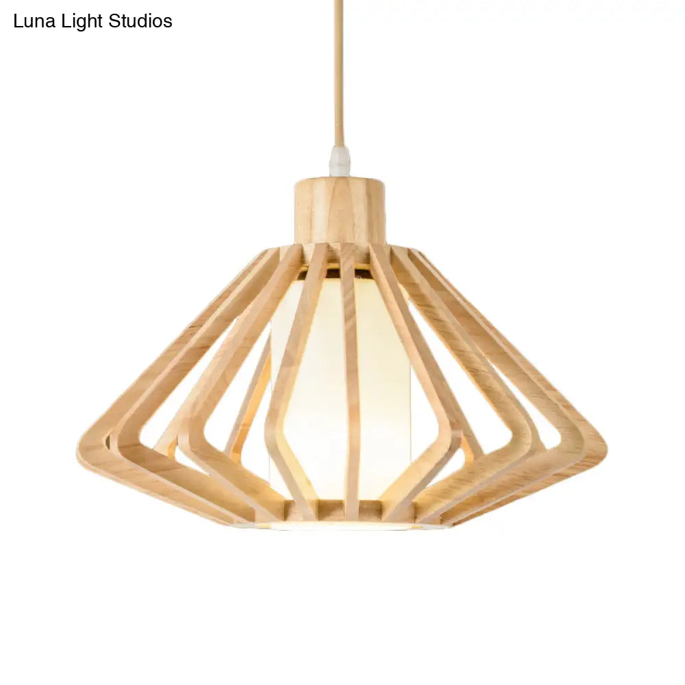 Diamond Cage Pendant Light Asian Wood 1 Head 14/18 Wide Beige Ceiling Lamp With Inner Pillar Shade