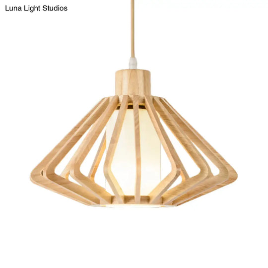 Diamond Cage Pendant Light Asian Wood 1 Head 14/18 Wide Beige Ceiling Lamp With Inner Pillar Shade