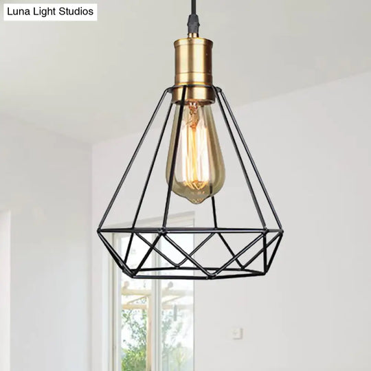 Diamond Cage Pendant Light In Retro Style- Brass/Antique For Living Room