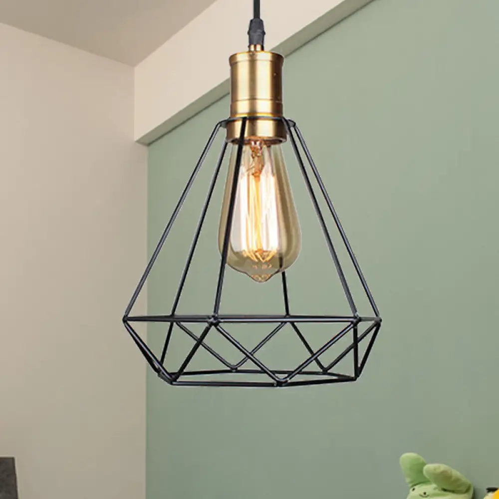 Diamond Cage Pendant Light In Retro Style- Brass/Antique For Living Room Brass