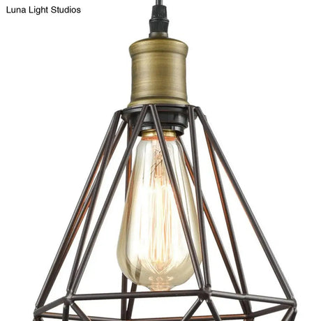 Diamond Cage Pendant Light In Retro Style- Brass/Antique For Living Room