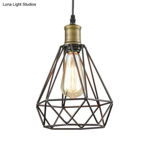 Diamond Cage Pendant Light In Retro Style- Brass/Antique For Living Room
