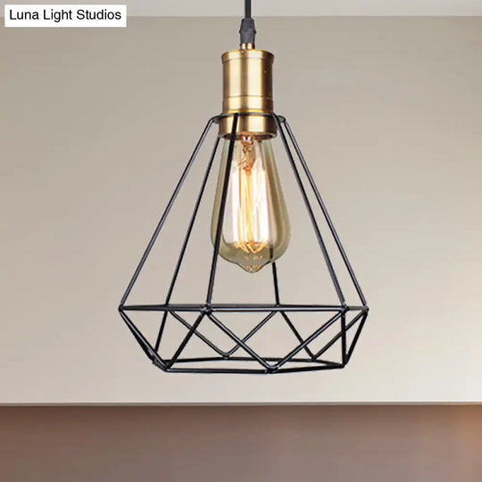 Vintage Diamond Cage Pendant Light - Iron Hanging Lamp In Brass For Living Room
