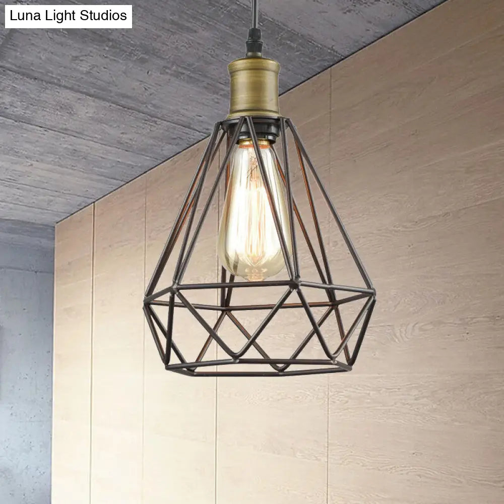 Vintage Diamond Cage Pendant Light - Iron Hanging Lamp In Brass For Living Room