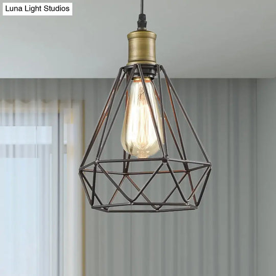 Diamond Cage Pendant Light In Retro Style- Brass/Antique For Living Room
