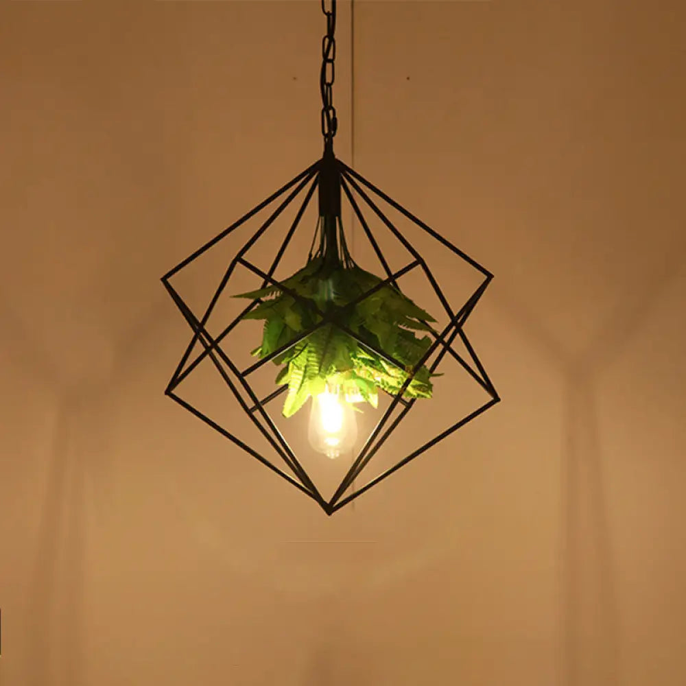 Diamond Cage Pendant Light With Black Farm Finish - Metallic Hanging Lamp Kit Green Plant Décor