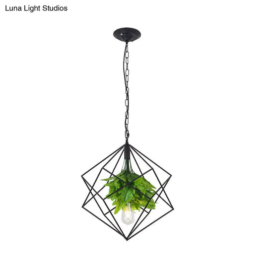 Diamond Cage Pendant Light With Black Farm Finish - Metallic Hanging Lamp Kit Green Plant Décor