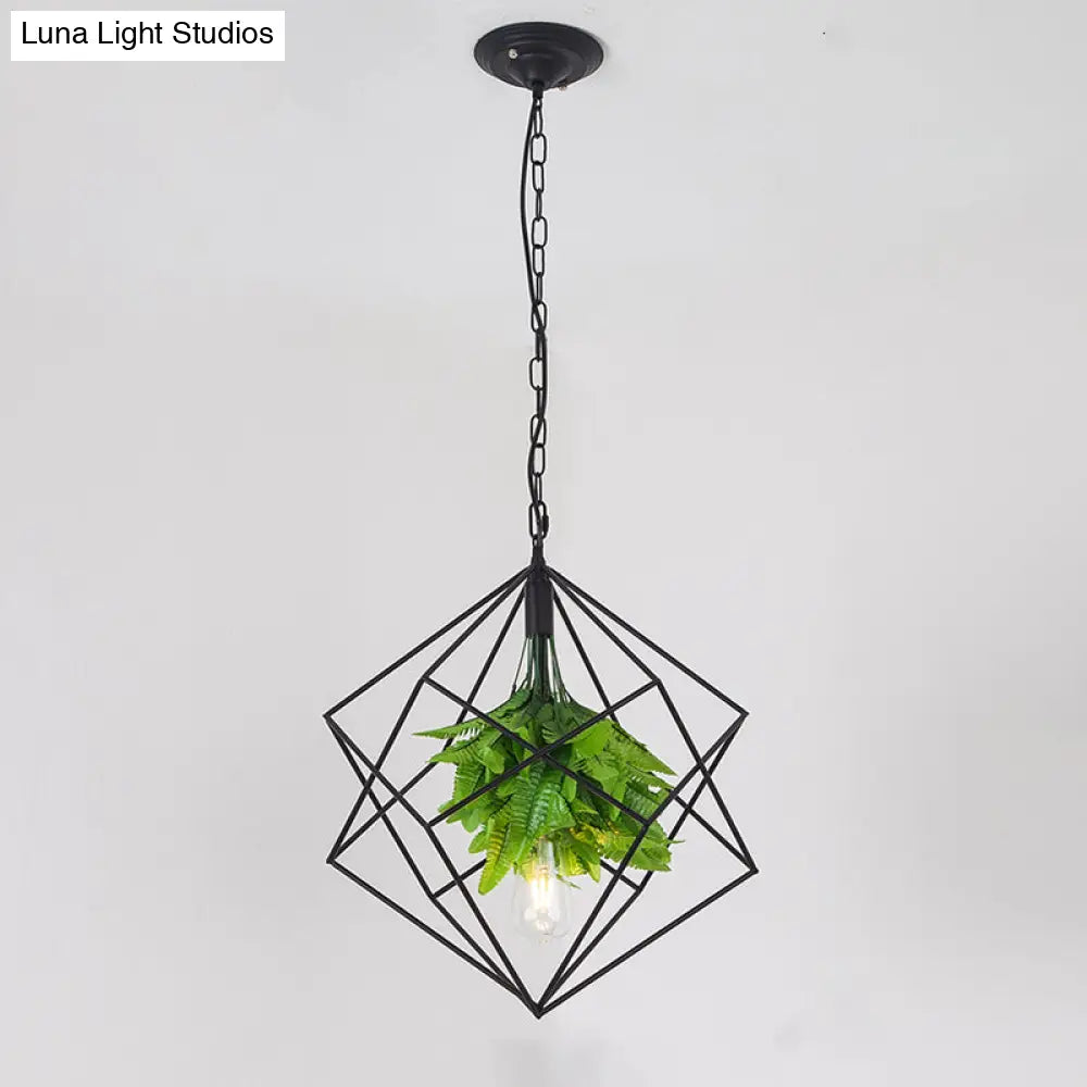 1-Bulb Diamond Cage Ceiling Pendant Light - Farmhouse Black Finish Metallic Hanging Lamp Kit With