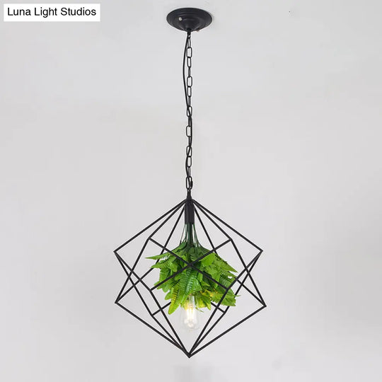 1-Bulb Diamond Cage Ceiling Pendant Light - Farmhouse Black Finish Metallic Hanging Lamp Kit With